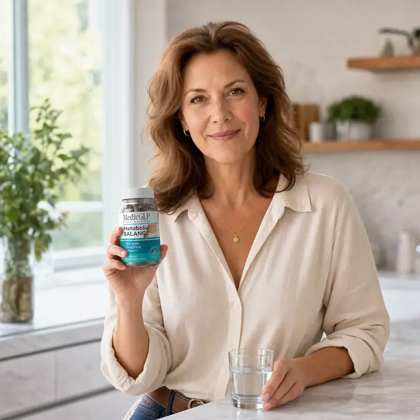 Frau in einer hellen Küche hält eine Flasche MedicGLP Daily Balance