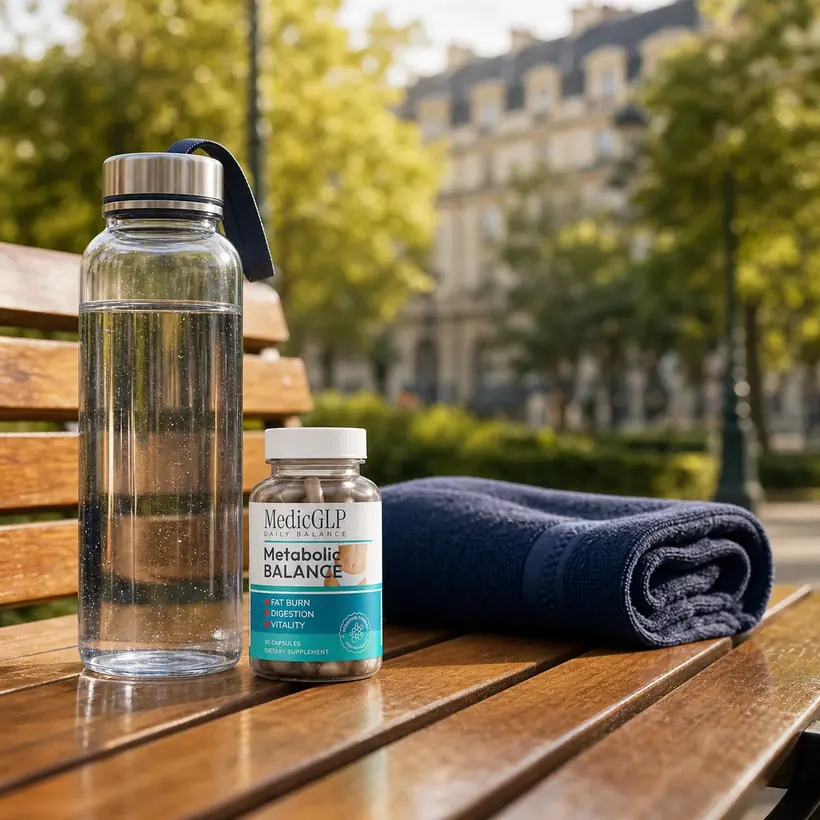 MedicGLP mit Trinkflasche und Handtuch als Teil einer aktiven täglichen Routine